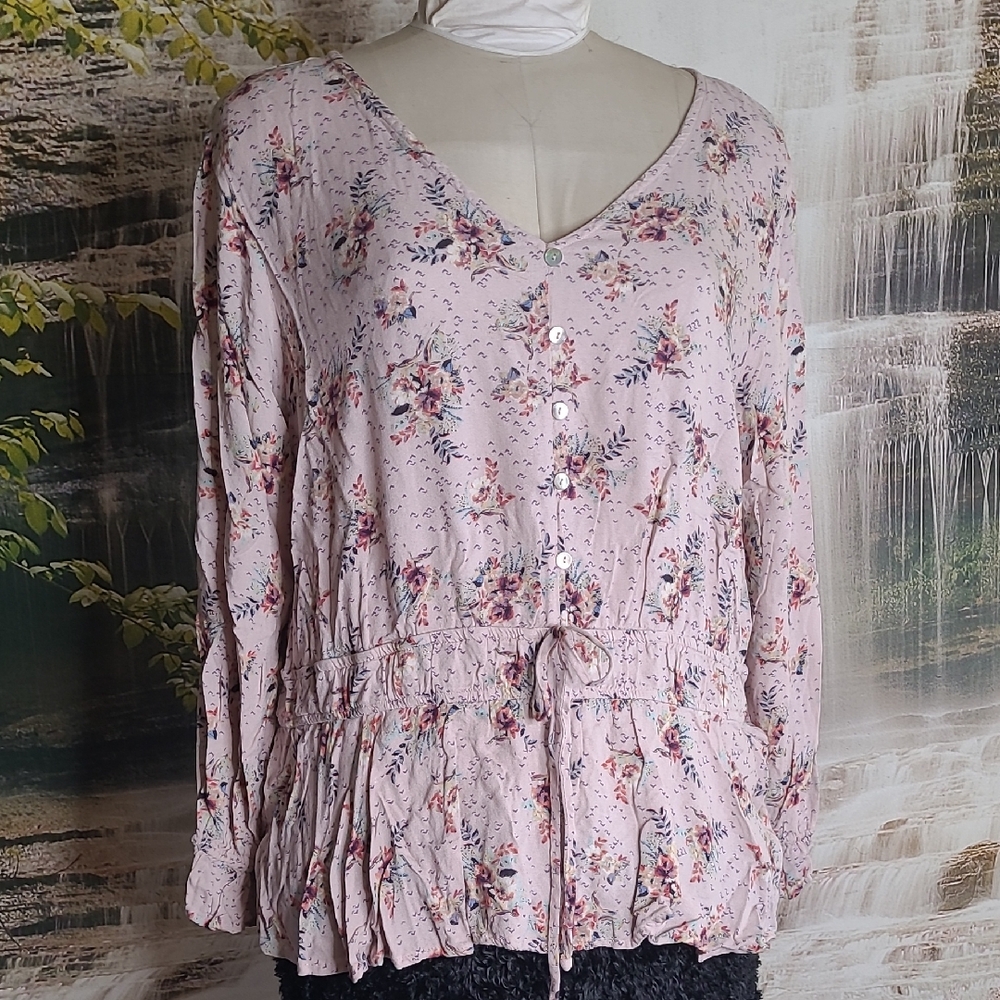 Maurices Womens 2 Soft Pink Floral Long Sleeve Flowy Blouse Drawstring Waist